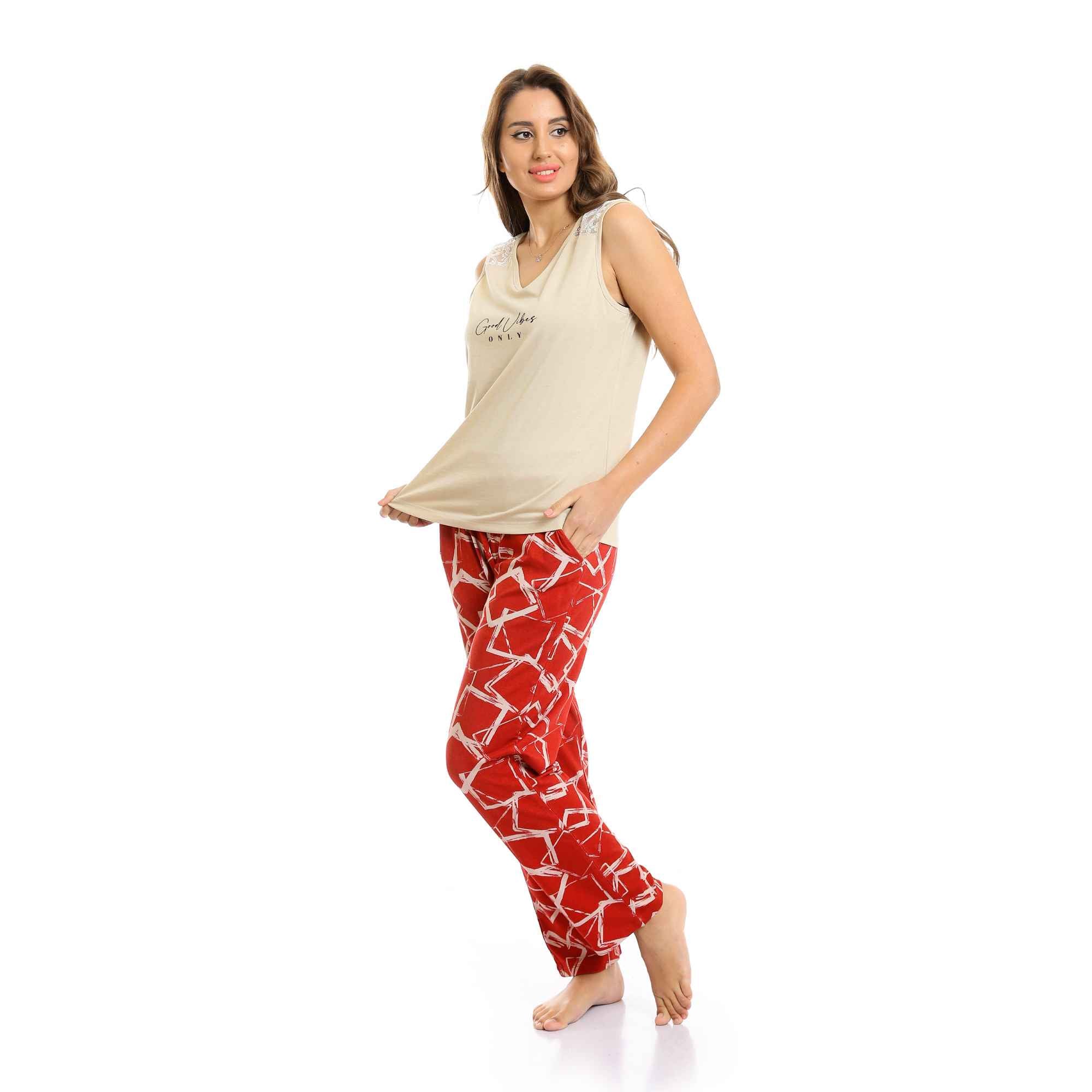 "Good Vibes" V-Neck Top & Patterned Pants Pajama Set - Beige & Red