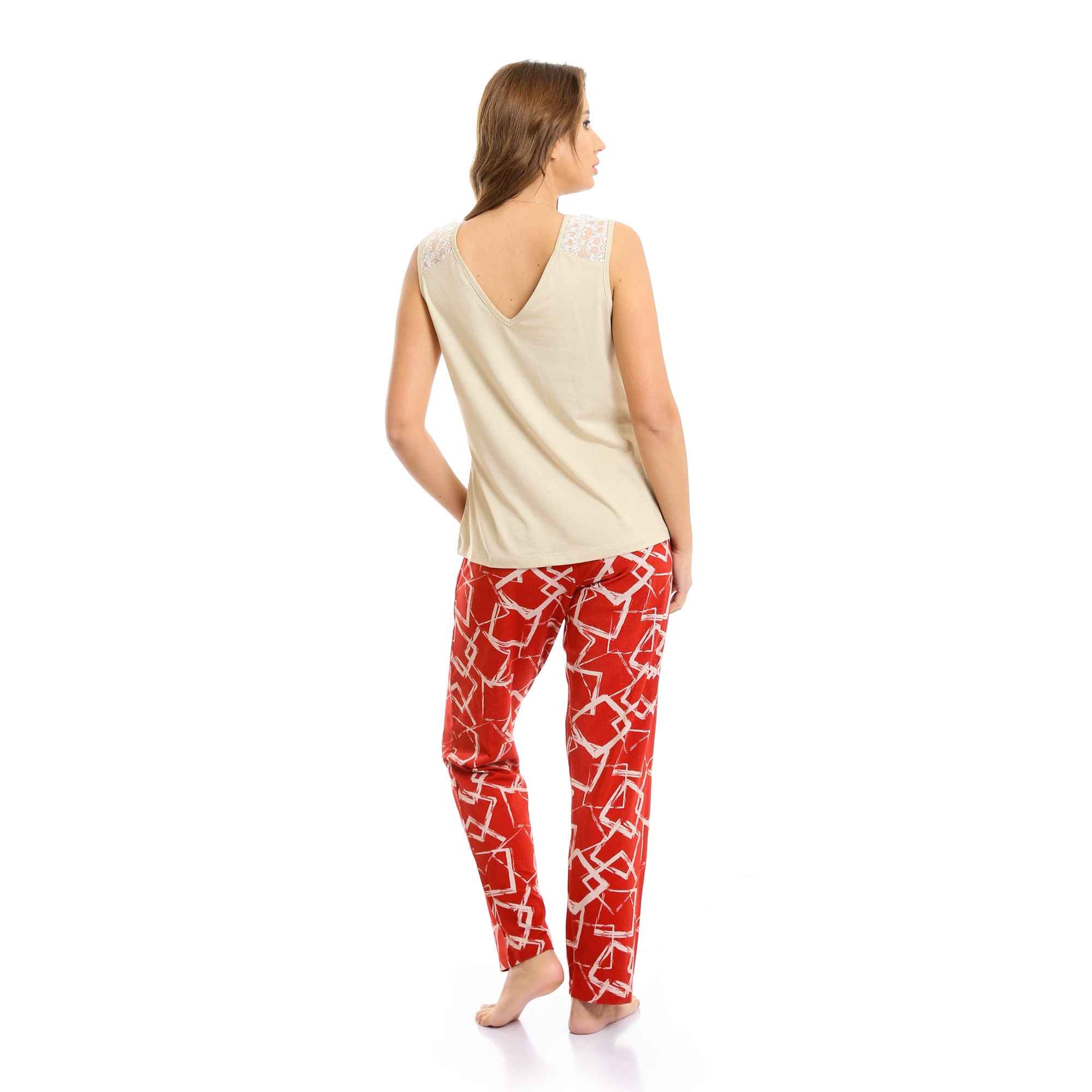 "Good Vibes" V-Neck Top & Patterned Pants Pajama Set - Beige & Red