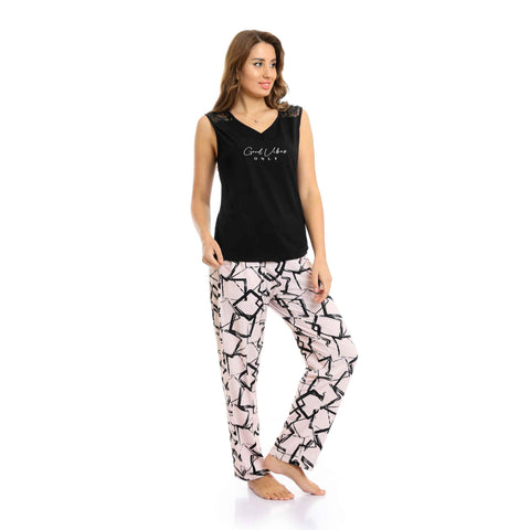 "Good Vibes" V-Neck Top & Patterned Pants Pajama Set - Black & Beige