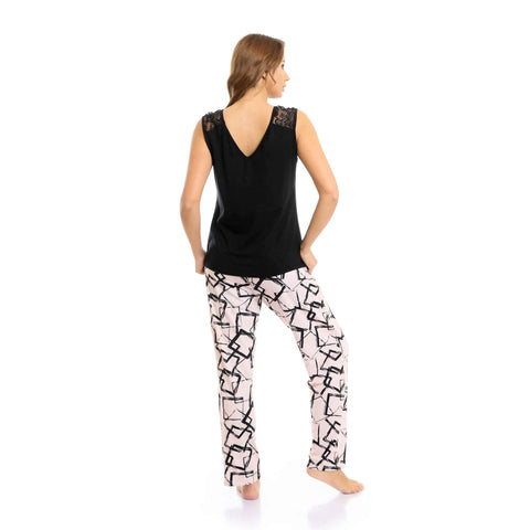 "Good Vibes" V-Neck Top & Patterned Pants Pajama Set - Black & Beige