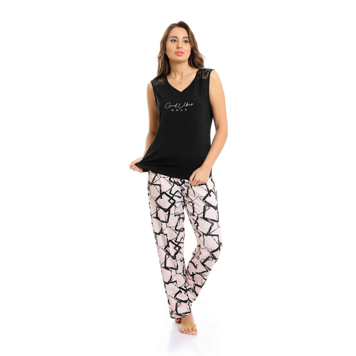 "Good Vibes" V-Neck Top & Patterned Pants Pajama Set - Black & Beige