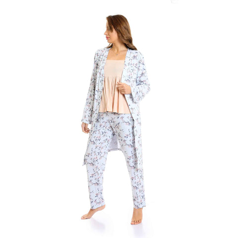Set Of 3 Robe, Top & Pants Floral Pajama Set - Simon & Baby Blue