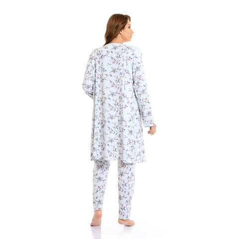 Set Of 3 Robe, Top & Pants Floral Pajama Set - Simon & Baby Blue