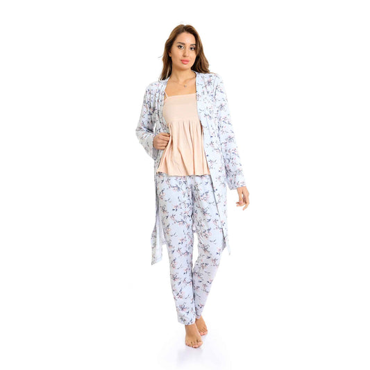 Set Of 3 Robe, Top & Pants Floral Pajama Set - Simon & Baby Blue