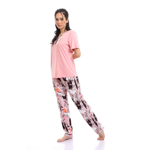 Cotton Tee & Patterned Pants Pajama Set - Pink & White