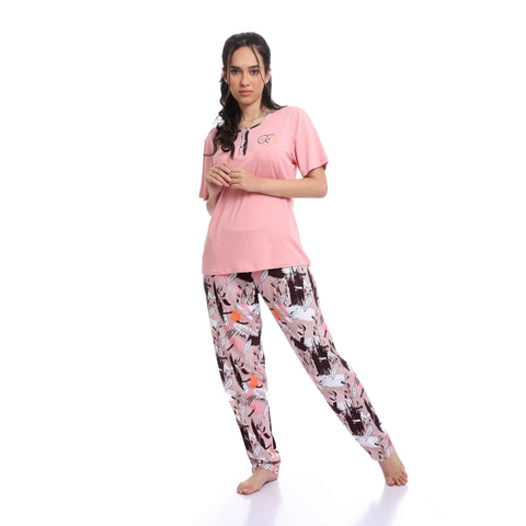 Cotton Tee & Patterned Pants Pajama Set - Pink & White