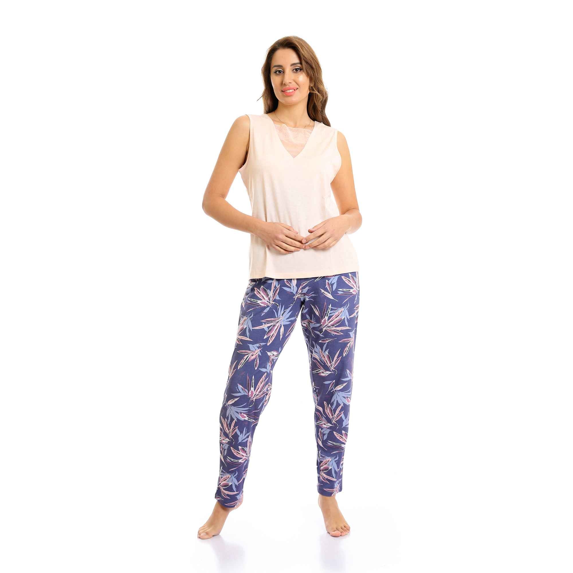 Cotton Tee & Patterned Pants Pajama Set - mint