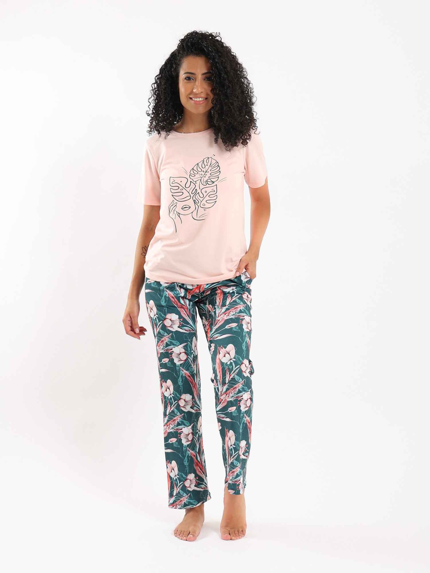 Red Cotton Women's Summer Pajama Set - Rose