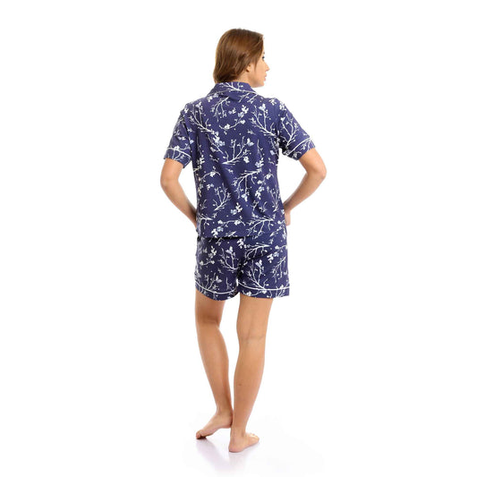 Short Sleeves Shirt & Shorts Classic Pajama Set - Navy Blue