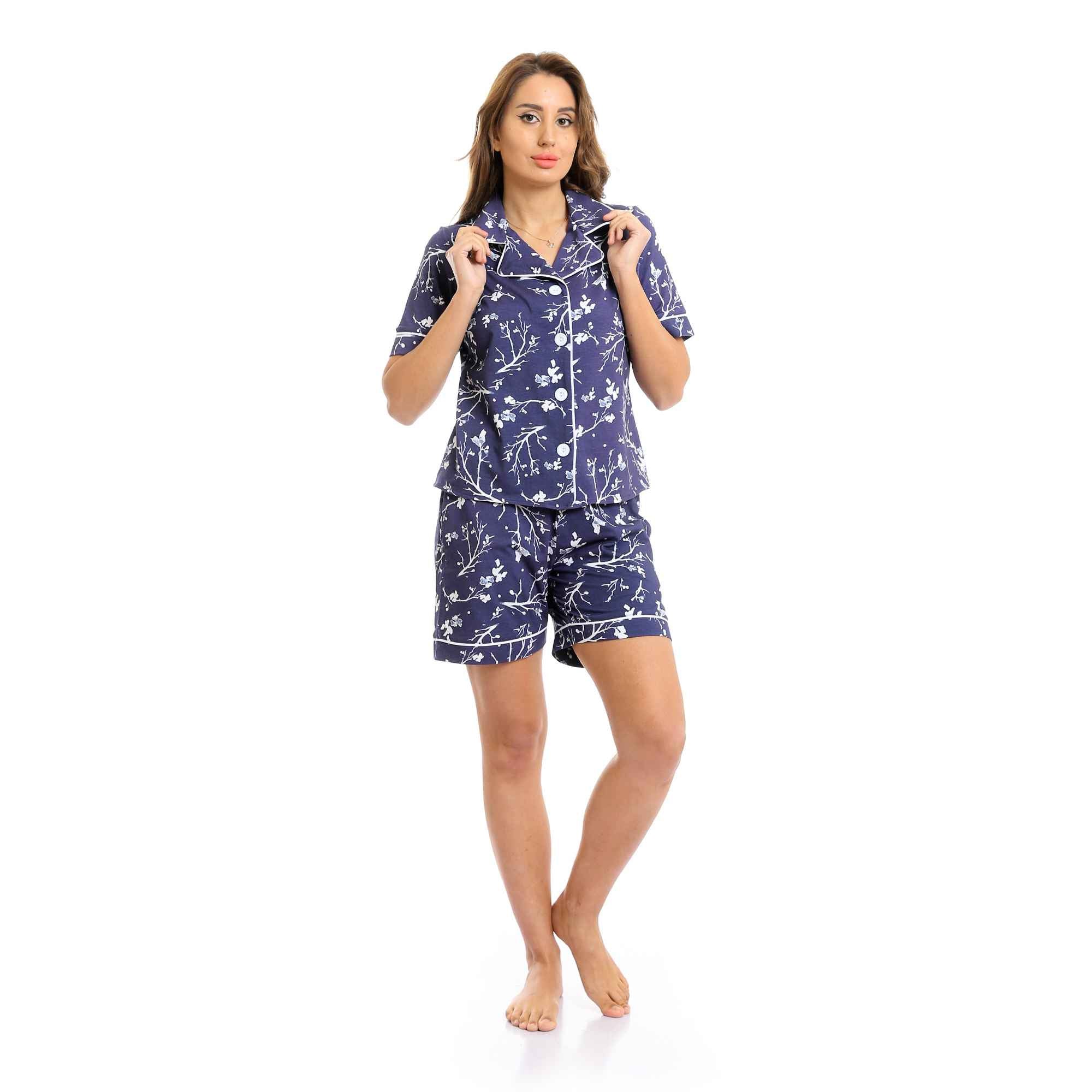 Short Sleeves Shirt & Shorts Classic Pajama Set - Navy Blue