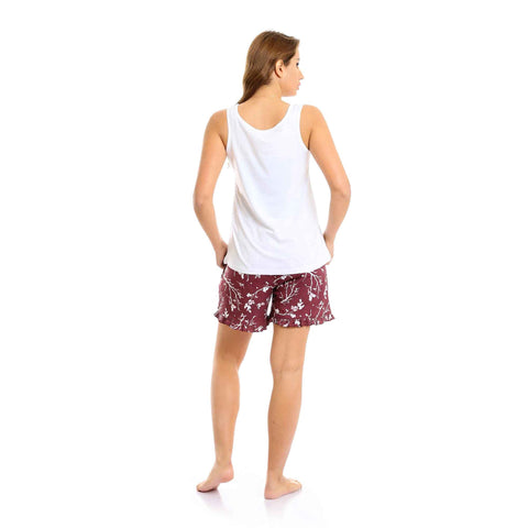 Sleeveless Top & Patterned Shorts Pajama Set - White & Maroon