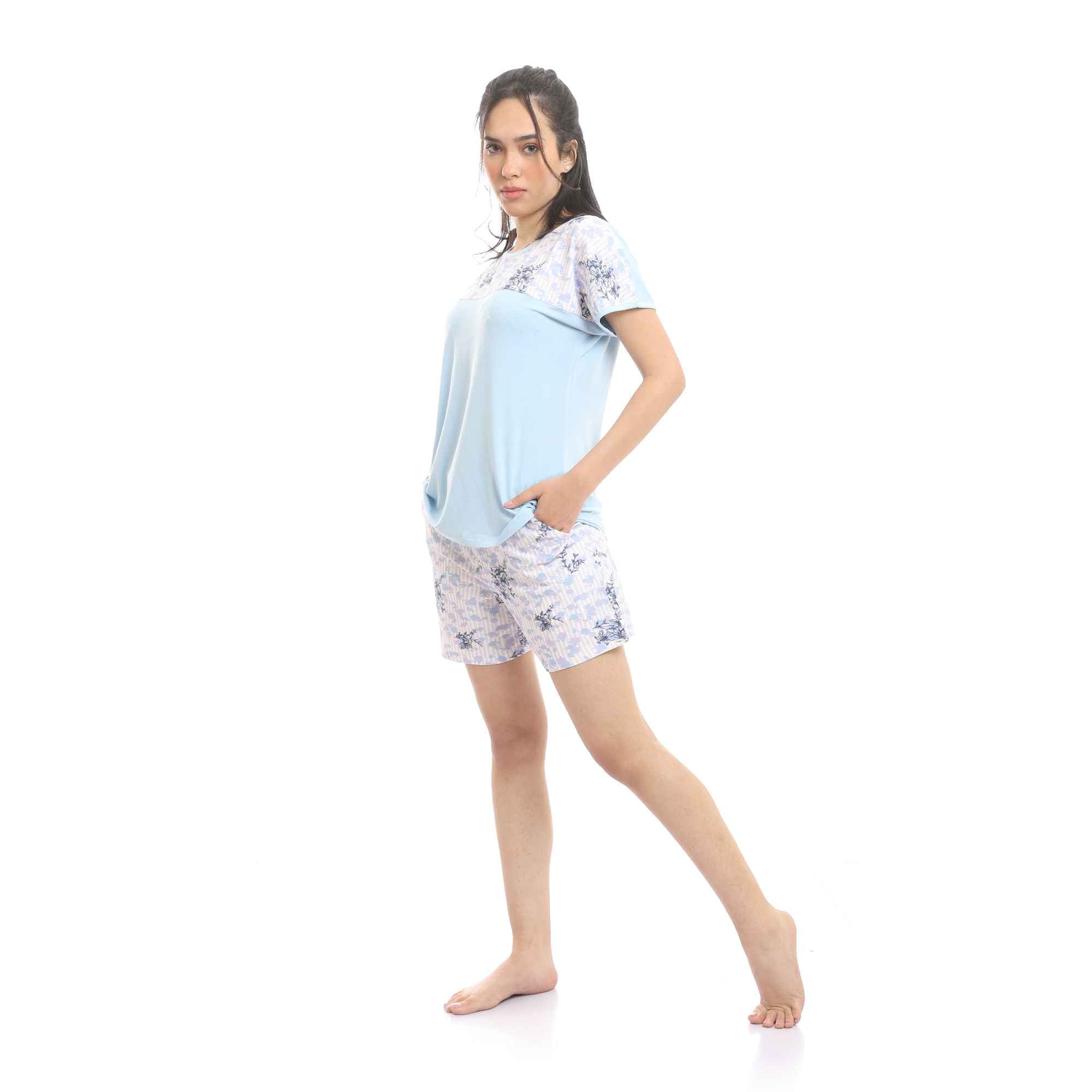 Short Sleeves Tee & Patterned Shorts Pajama Set - Baby Blue & Rose