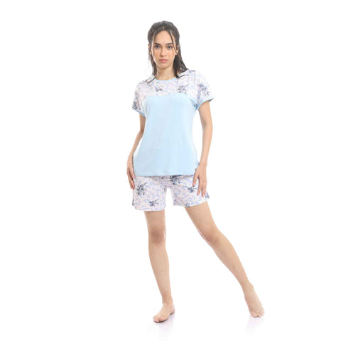 Short Sleeves Tee & Patterned Shorts Pajama Set - Baby Blue & Rose