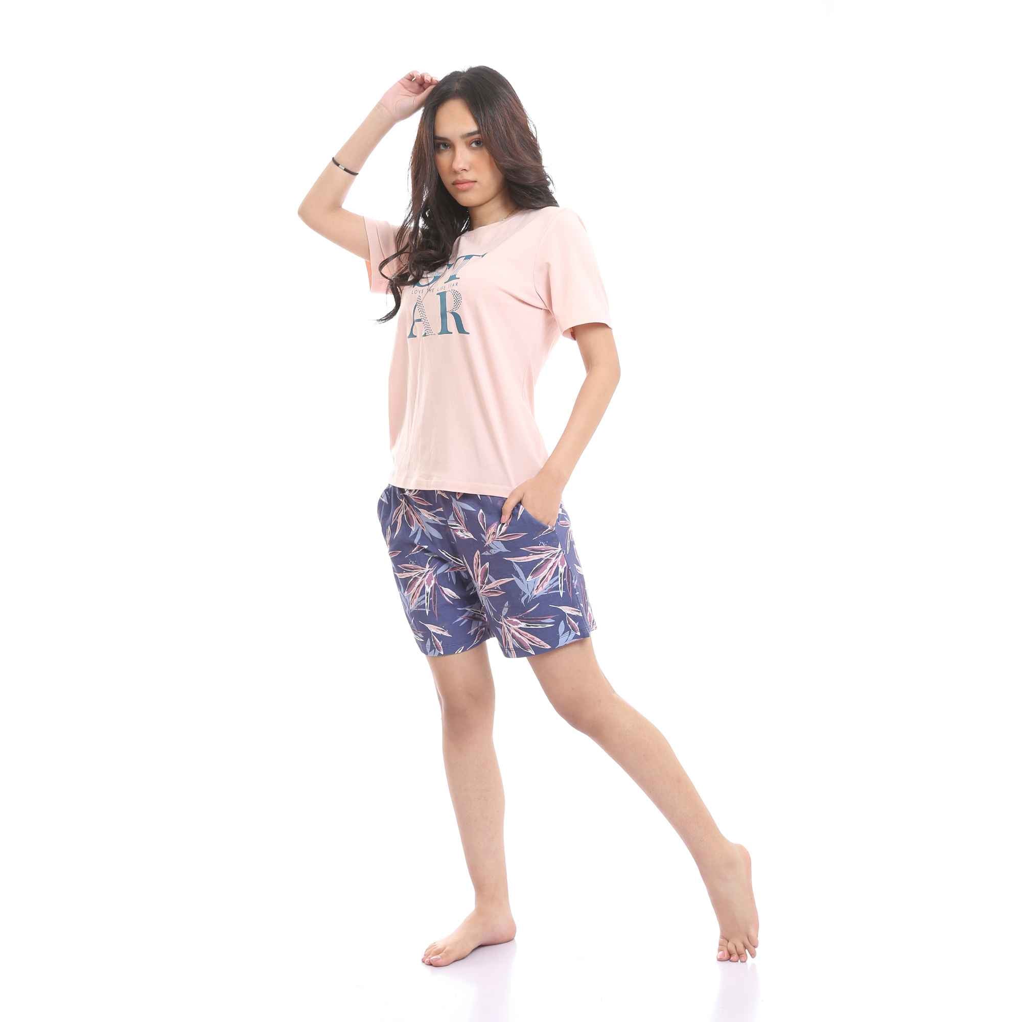 Printed Tee & Patterned Shorts Pajama Set - Multicolour
