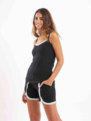Spaghetti Top & Pom Pom Shorts Pajama Set - Black
