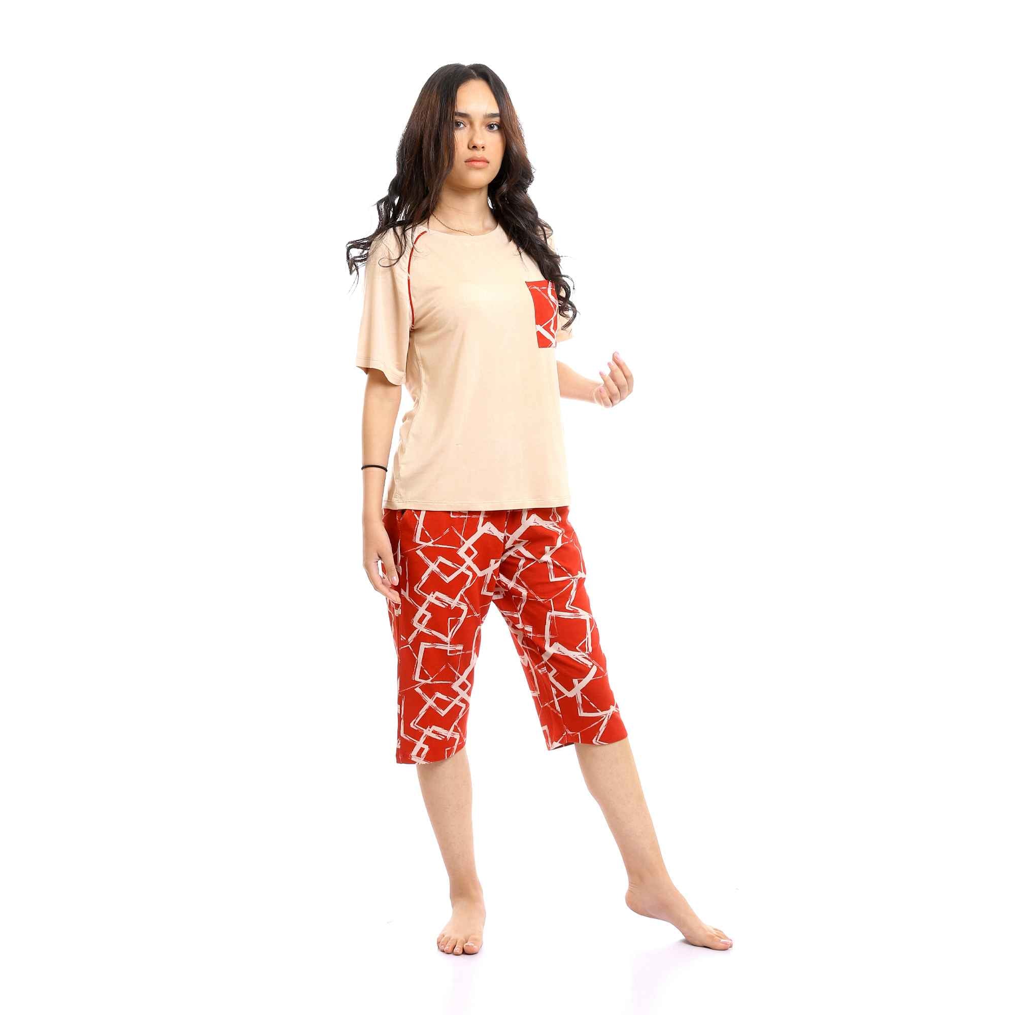 Red Cotton Women's Capri Pajama Set