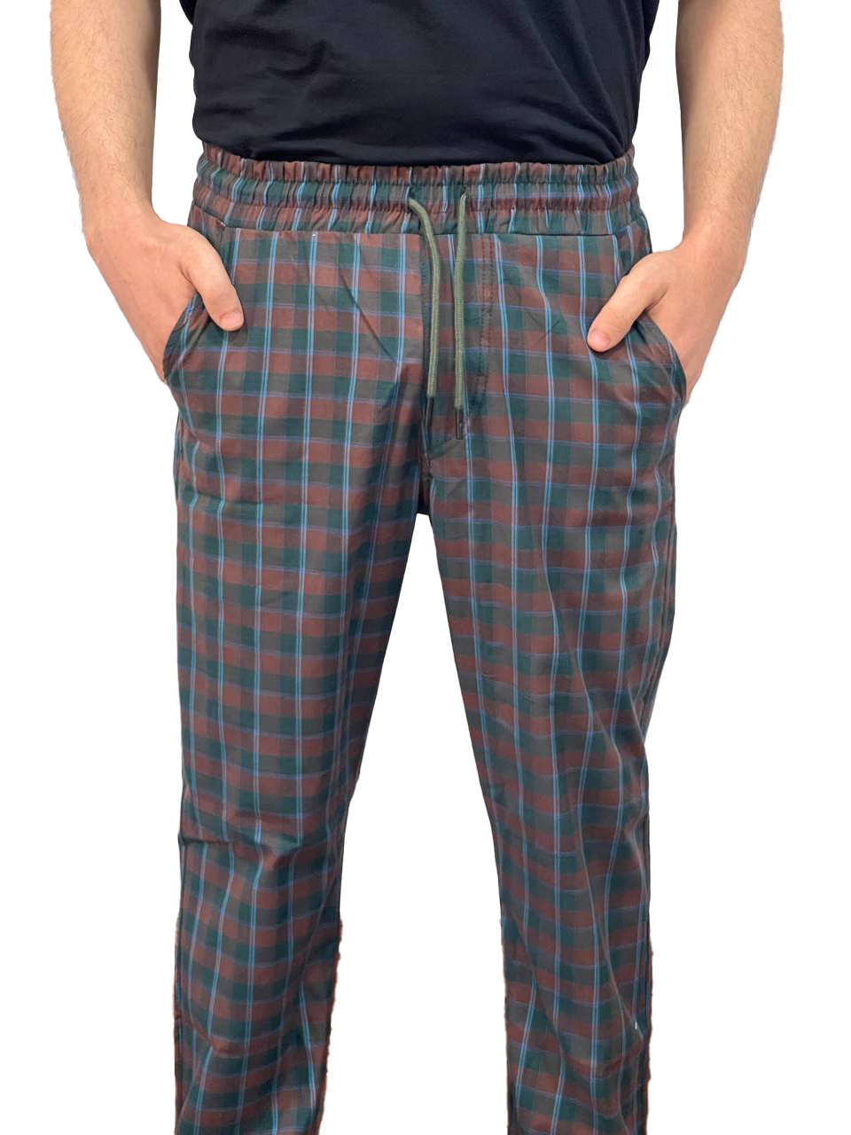 Men's red cotton summer check pants-brown