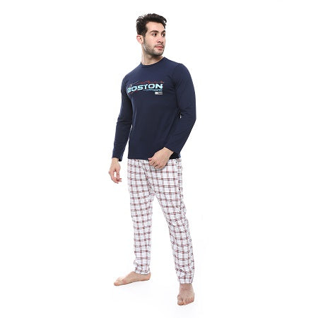 Elegant men's summer pajamas with long sleeves, navy printed T-shirt and checkered pants