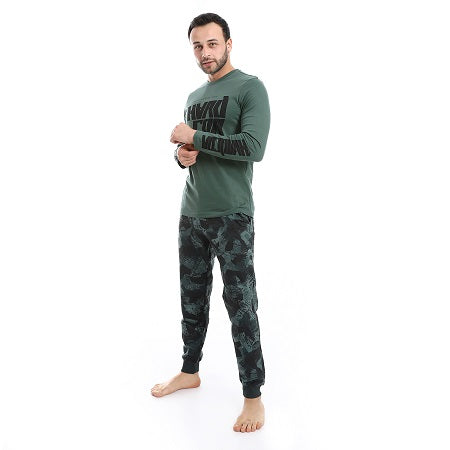 Men's Summer Pajamas Set, High-Quality Cotton, Green Long-Sleeve Shirt & Black Printed Pants