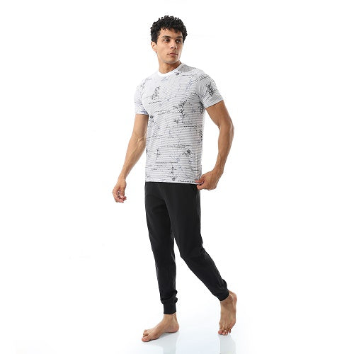 Men's Summer Pajama Set, Light Graphic T-Shirt and Black Joggers, Comfortable Sleepwear