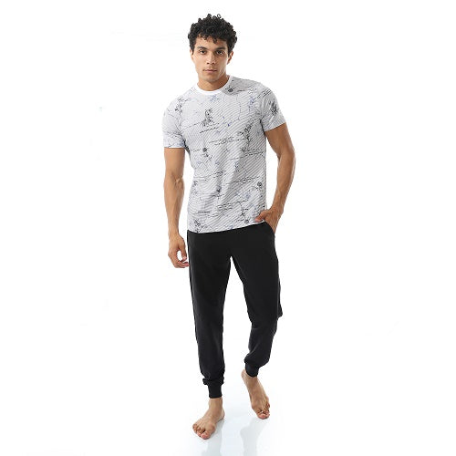 Men's Summer Pajama Set, Light Graphic T-Shirt and Black Joggers, Comfortable Sleepwear