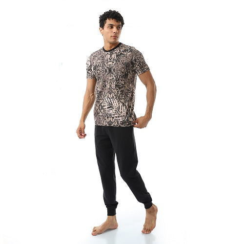 Men's summer Pajmas, plaid t-shirt with black sweatpants, Stylish and comfortable casual wear