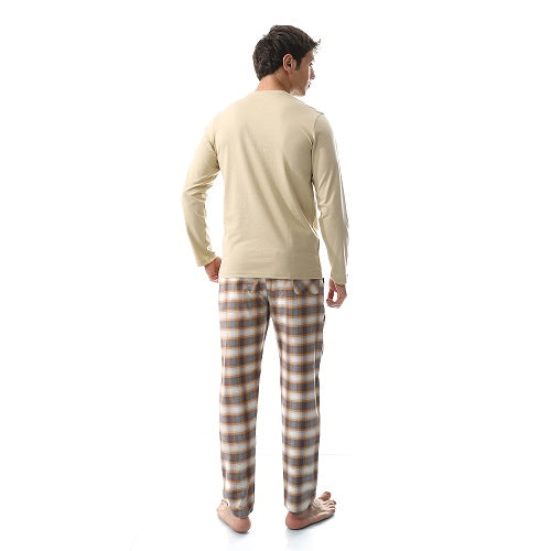 Elegant men's summer pajamas with long sleeves, Beige printed T-shirt and checkered pants