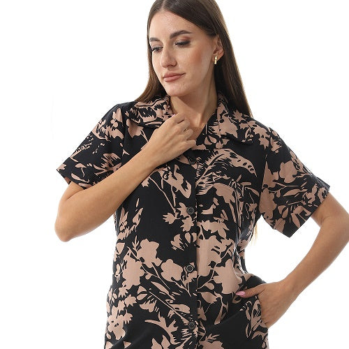 Women's Summer Viscose Classic Elegant Floral Pajamas, Comfortable Sleepwear - Black