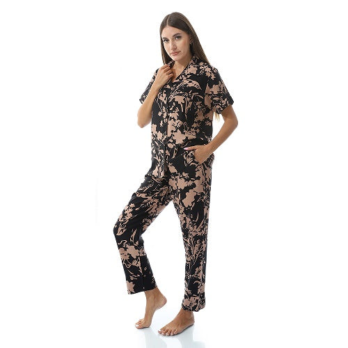 Women's summer viscose classic elegant floral pajamas, comfortable sleepwear-black