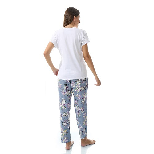 Women's Summer Sleepwear Set - Comfy Short Sleeve T-Shirt and Floral Viscose Pajama Pants