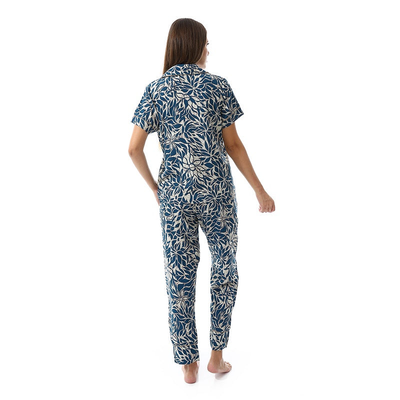 Women's Summer Viscose Classic Elegant Floral Pajamas, Comfortable Sleepwear - Petroleum