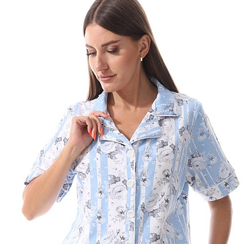 Women's summer  Floral Print Pajama Set-blue