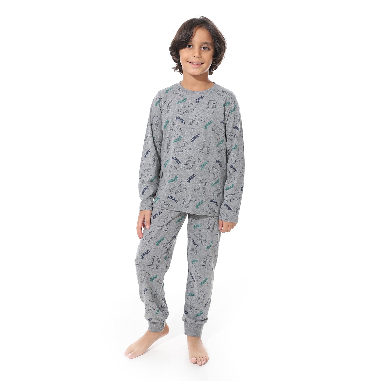Boys’ Long Sleeve Pajama Set – Print in Soft Grey
