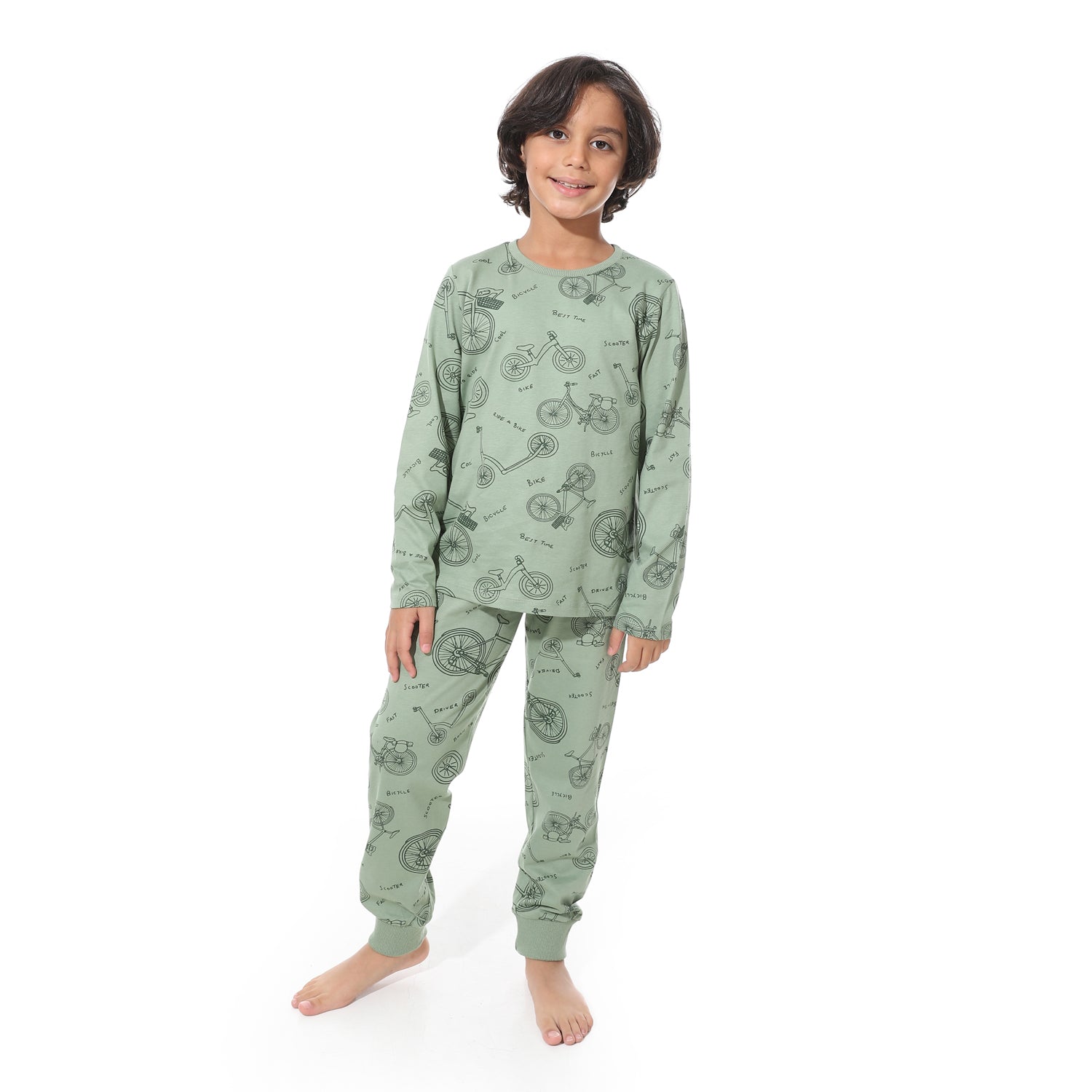 Boys’ Long Sleeve Pajama Set – Bicycle Print in Soft Green