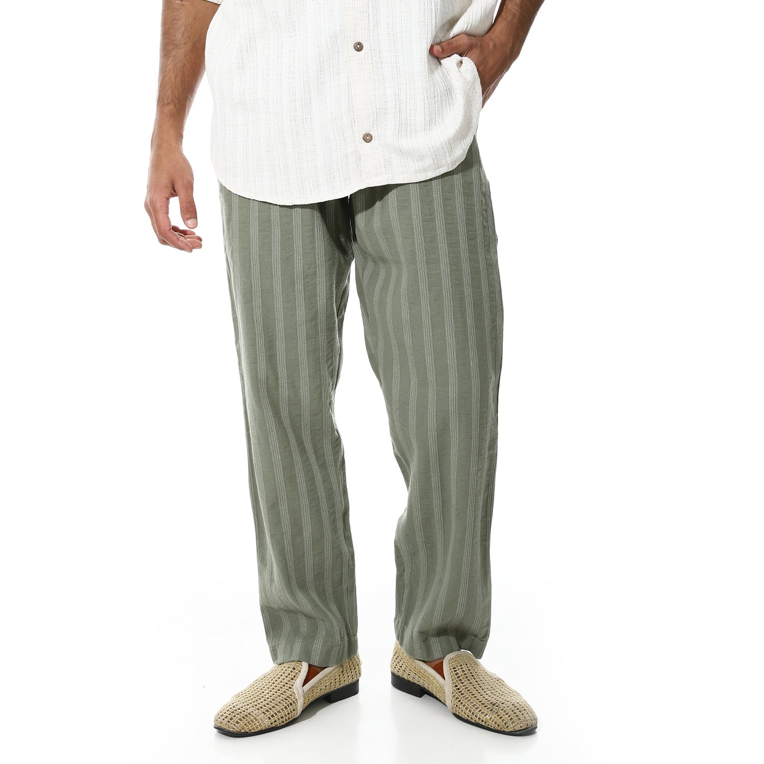 Men's Relaxed Fit Striped Linen Trousers – Green