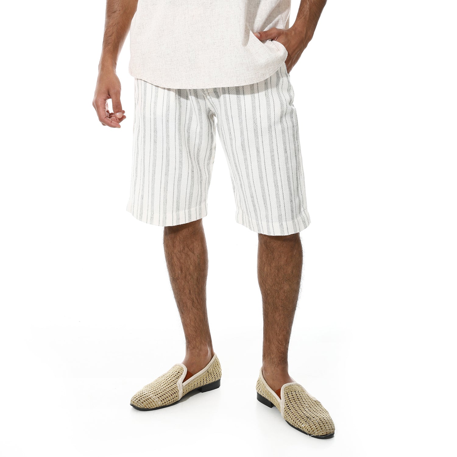 Men's White Linen Striped Shorts – Black Pinstripes, Lightweight & Breathable