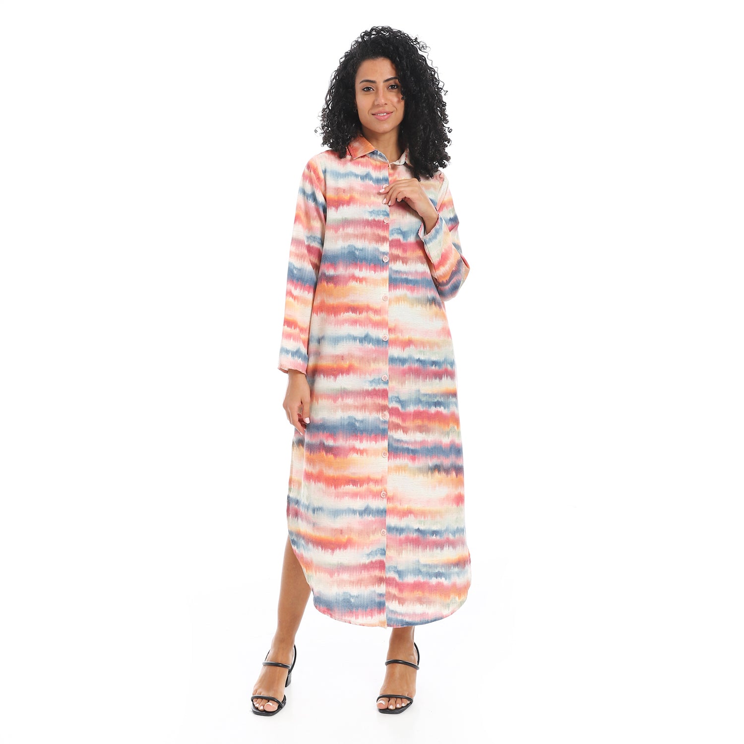 Elegant Striped Maxi Shirt Dress - Orange