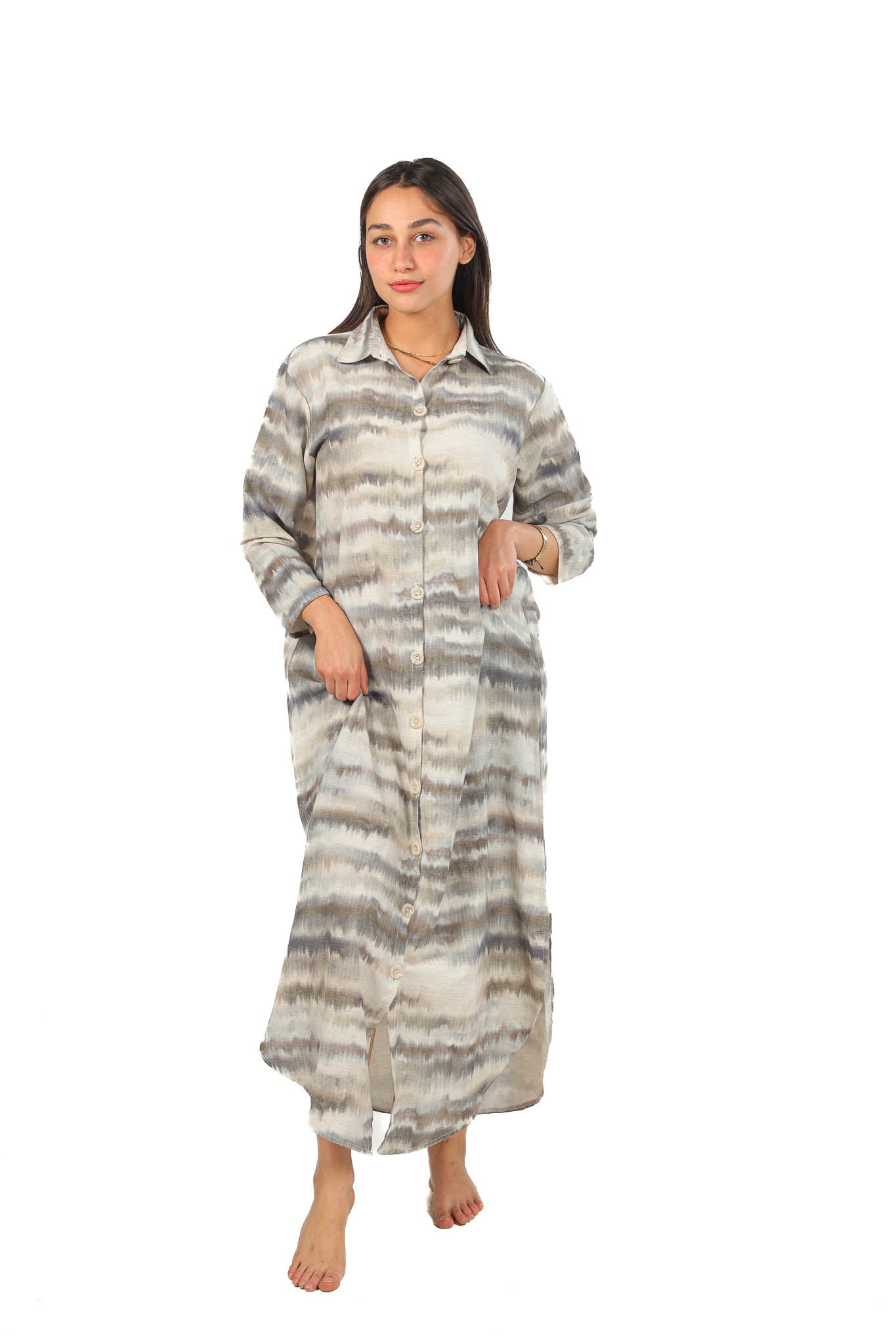 Elegant Striped Maxi Shirt Dress - Olive