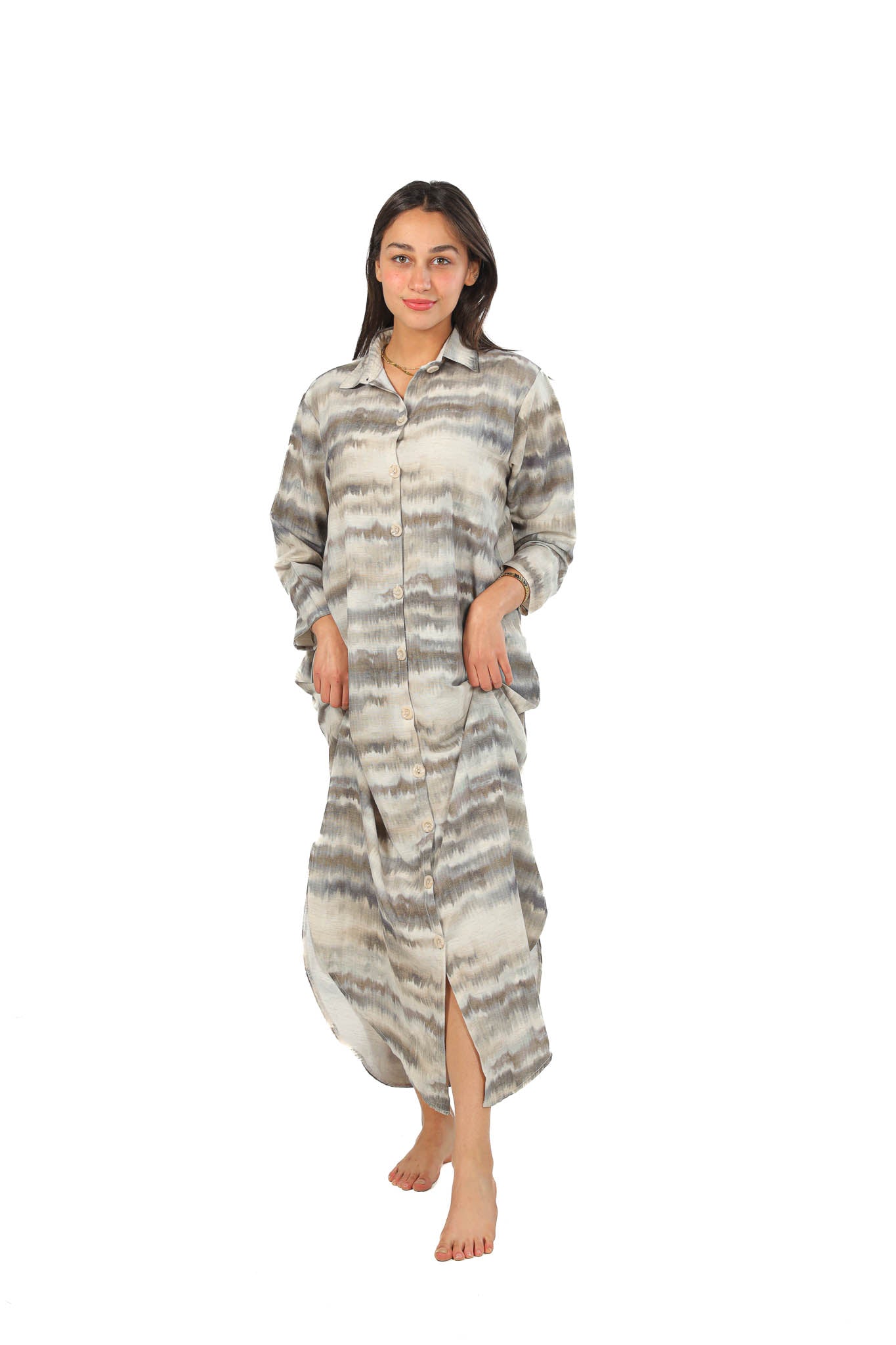 Elegant Striped Maxi Shirt Dress - Olive