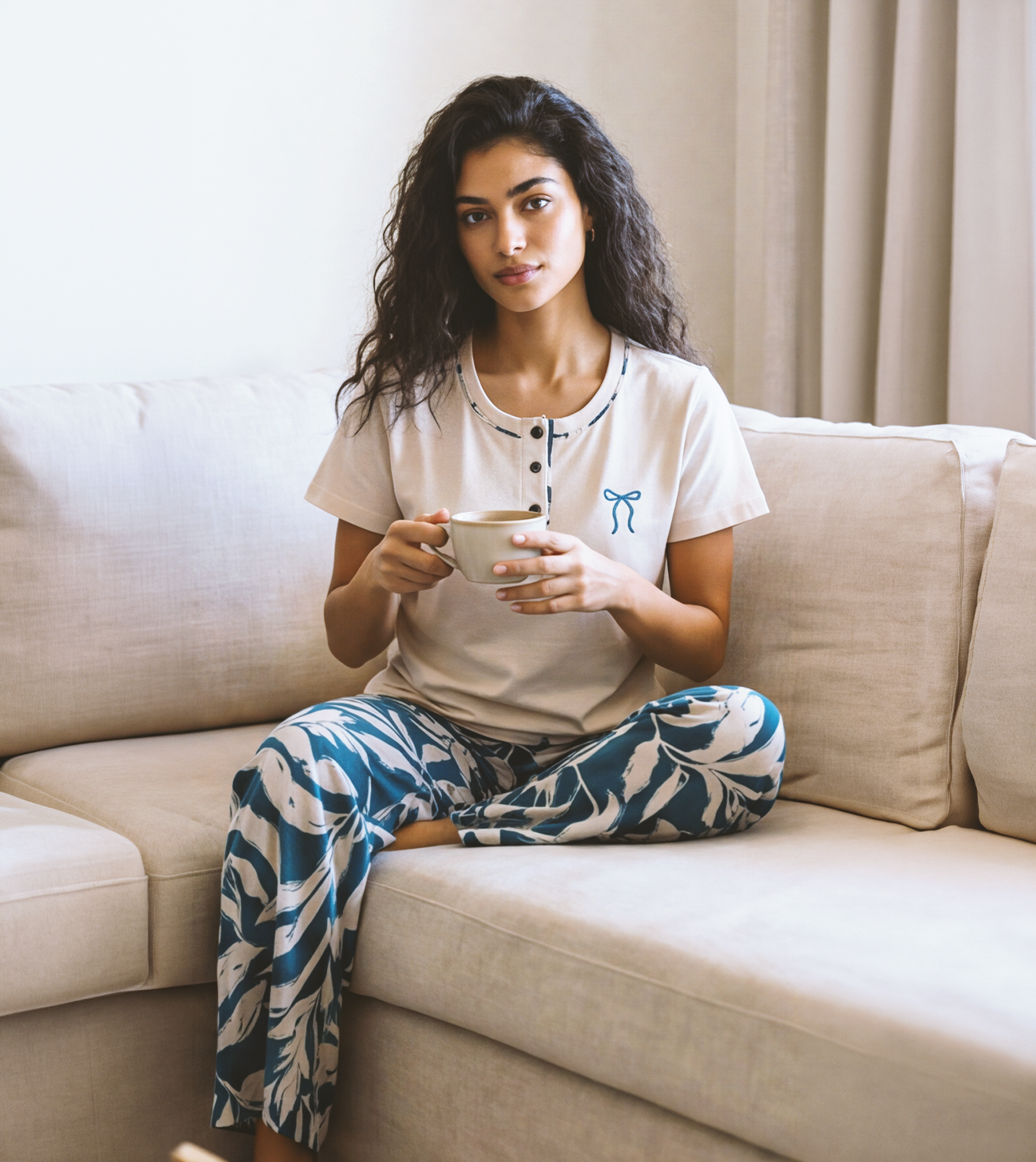 Women's modal pajama set with embroidered pants