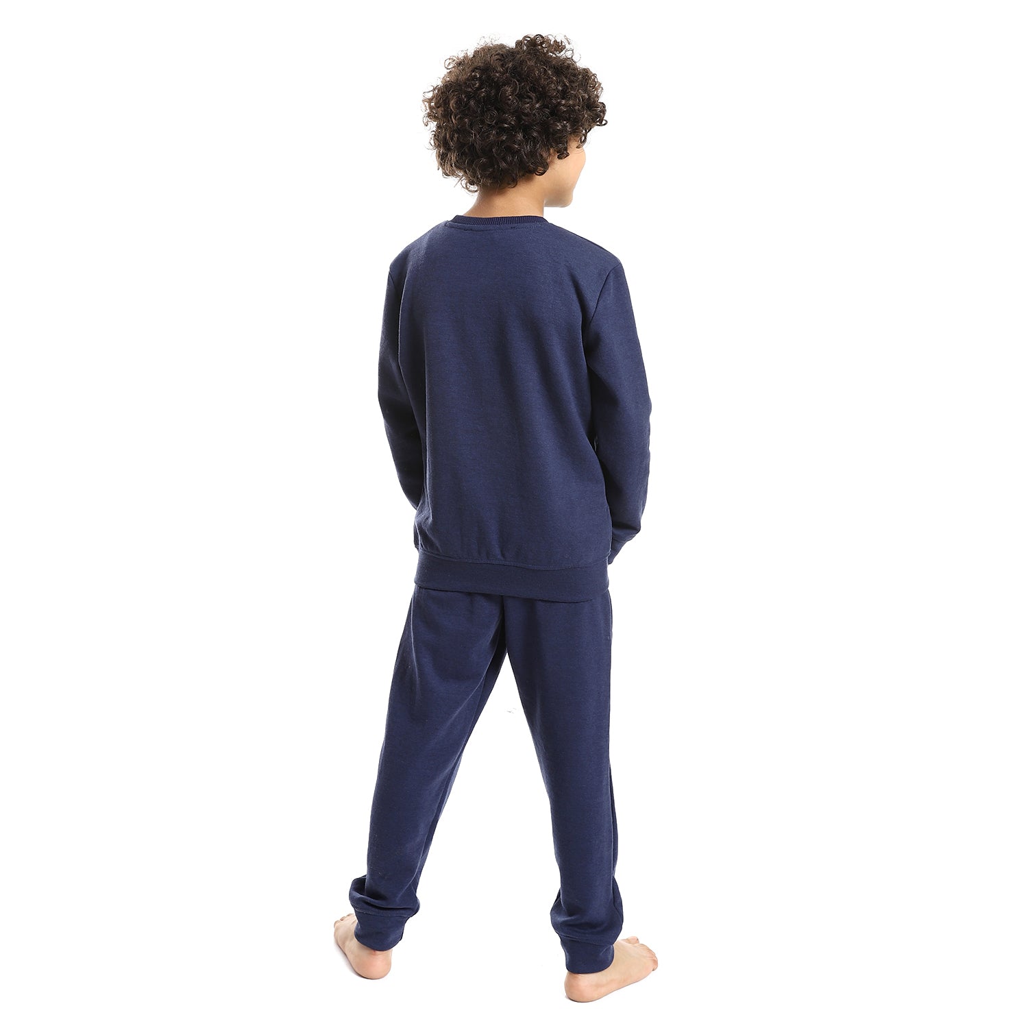 Boys' Winter Pajama Set - Cozy Printed Crew Neck Shirt and Navy Blue Pants - White