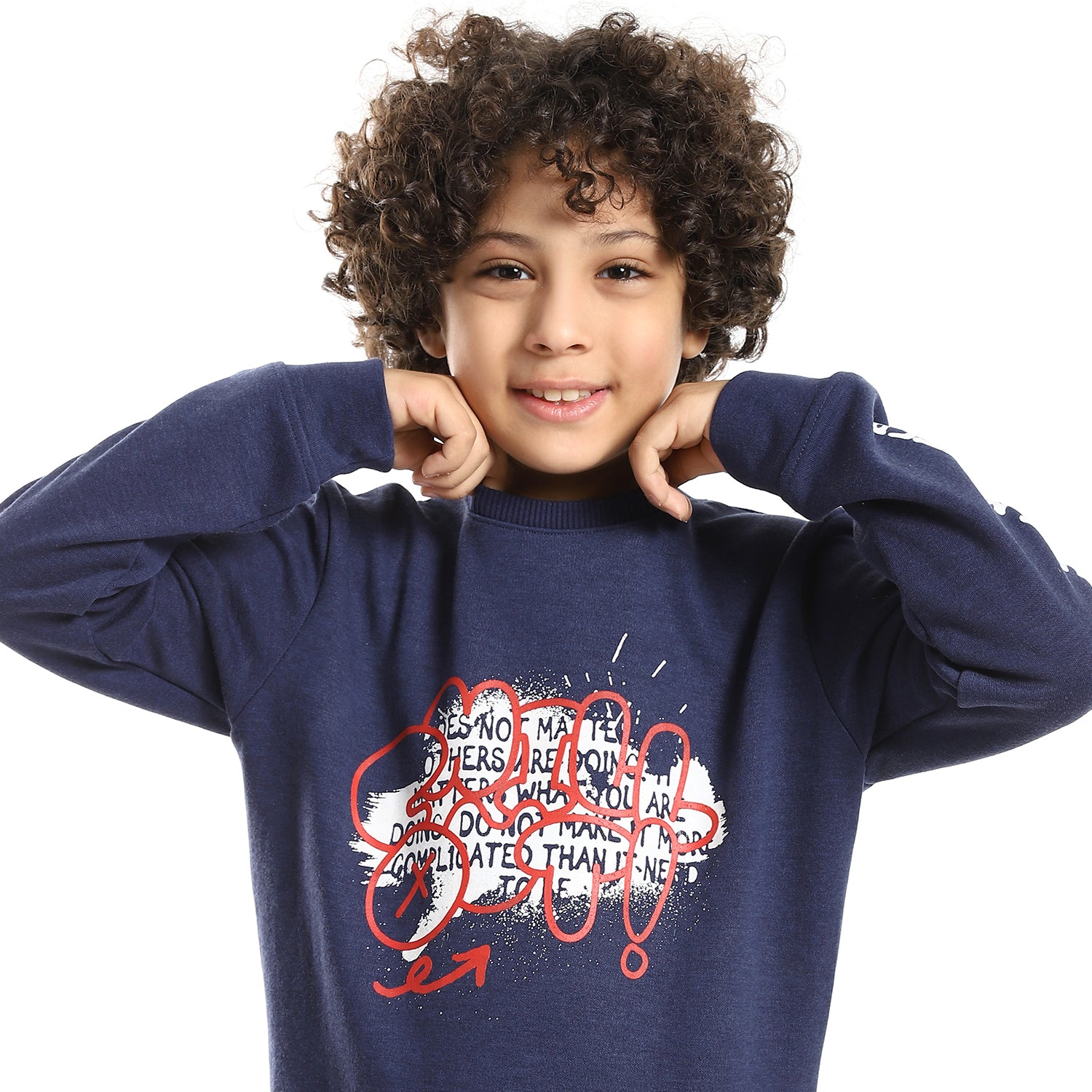 Boys' Winter Pajama Set - Cozy Printed Crew Neck Shirt and Navy Blue Pants - White