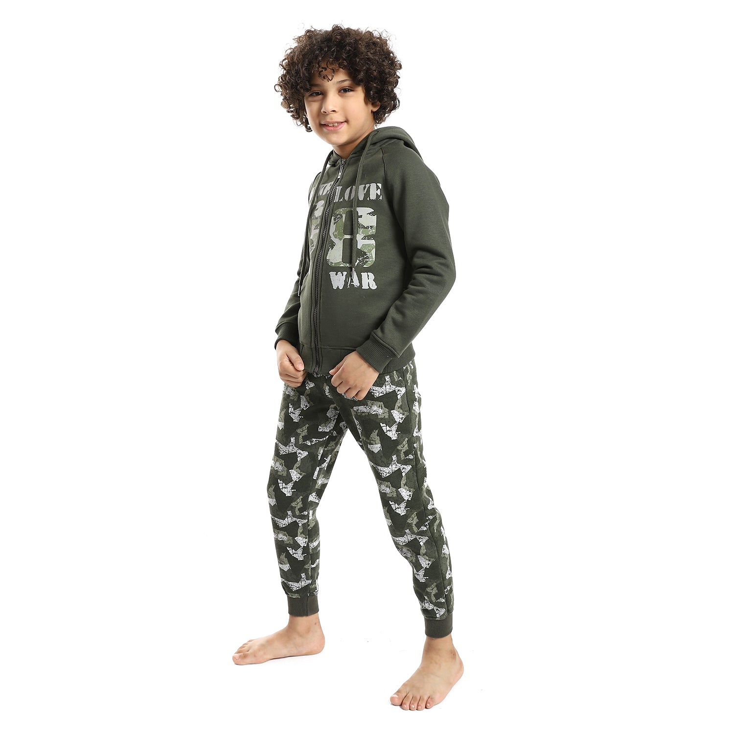 Boys' winter pajamas with camouflage sweatpants from red cotton - Dark Green