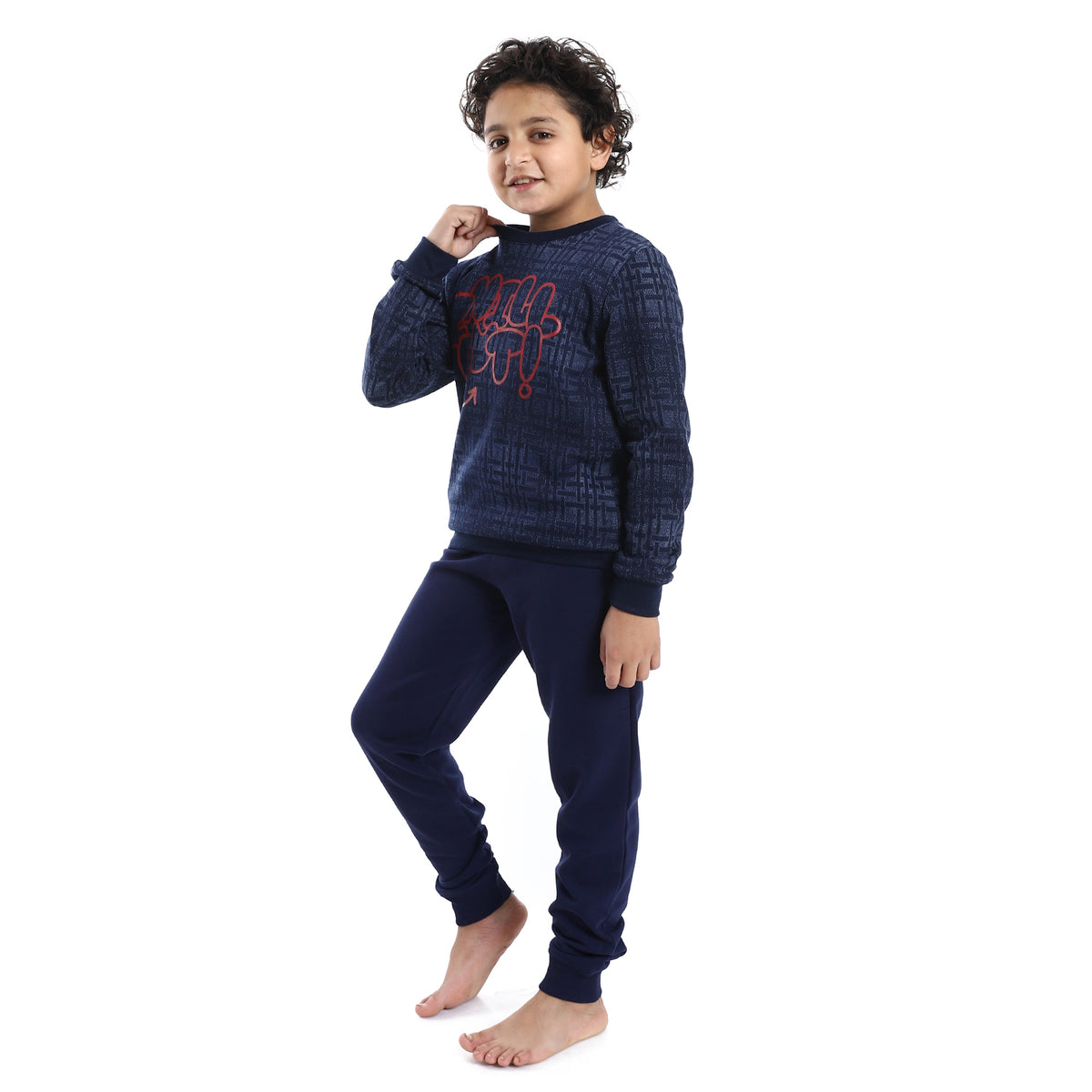 Boys' Winter Pajama Set - Cozy Printed Crew Neck Shirt and Navy Blue Pants - Perfect for Cold Nights