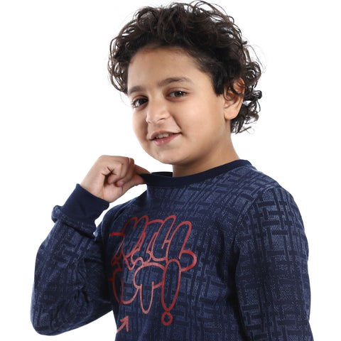 Boys' Winter Pajama Set - Cozy Printed Crew Neck Shirt and Navy Blue Pants - Perfect for Cold Nights