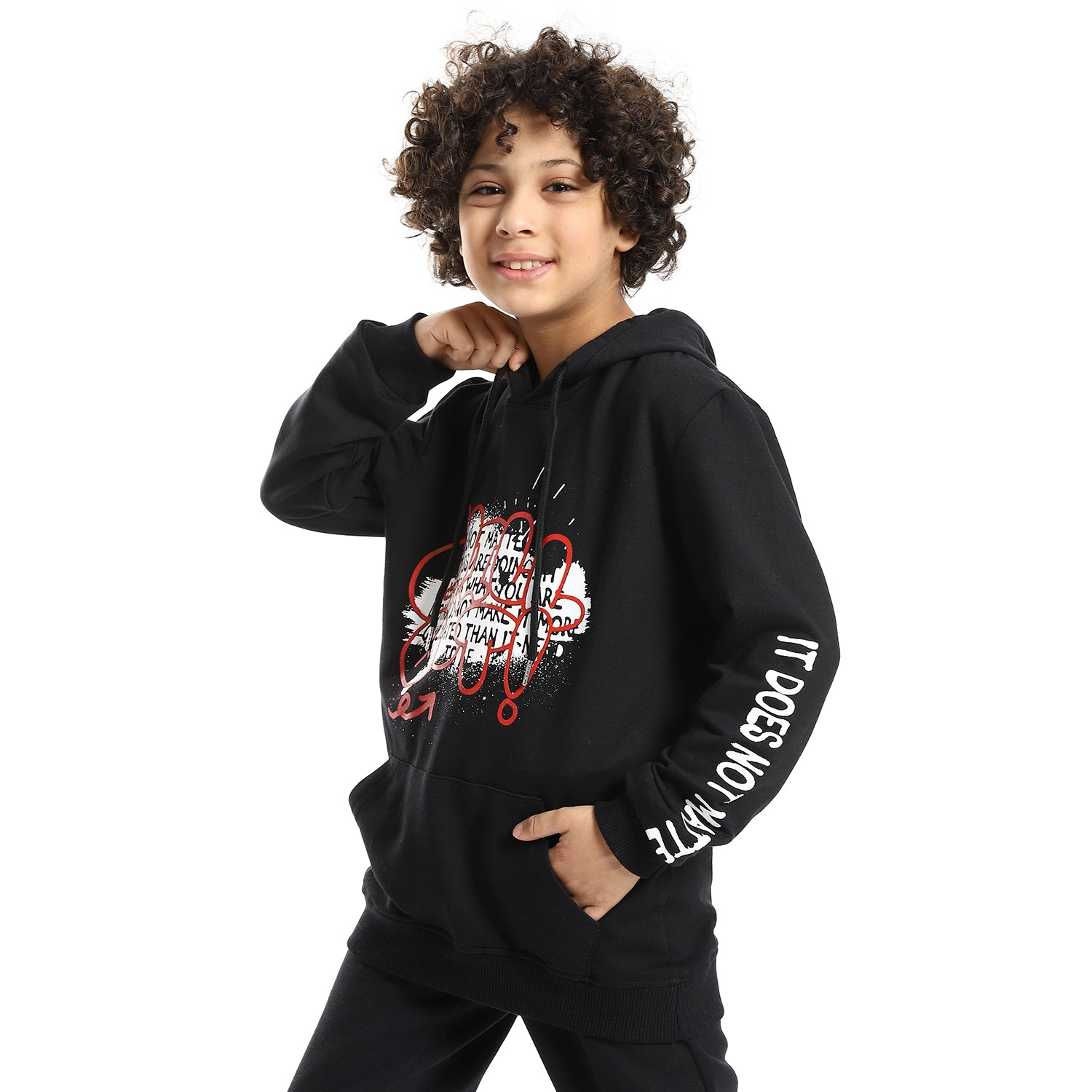 Red Cotton Boys' Black Printed Hoodie and Black Pants Set - Stylish and Cozy Loungewear"