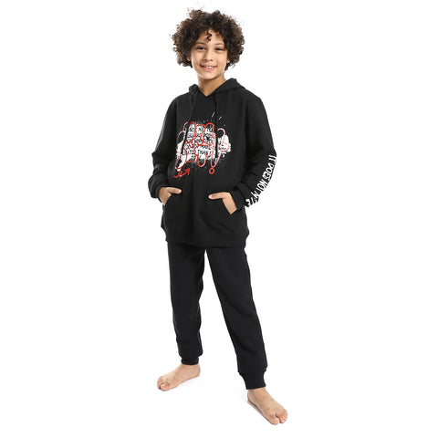 Red Cotton Boys' Black Printed Hoodie and Black Pants Set - Stylish and Cozy Loungewear"