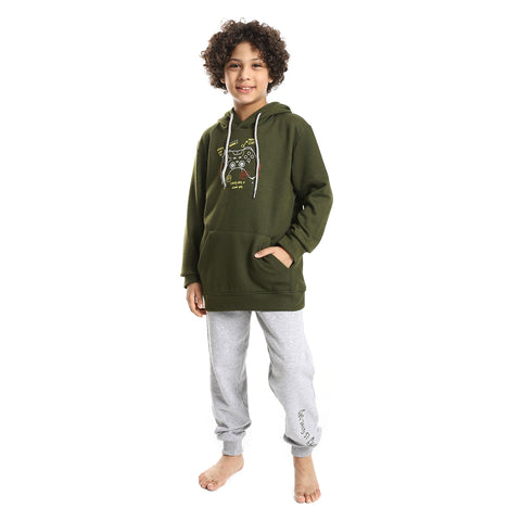 طقم هودي للأولاد باللون الأخضر الداكن وبنطلون رمادي - ملابس النوم الشتوية المريحة"