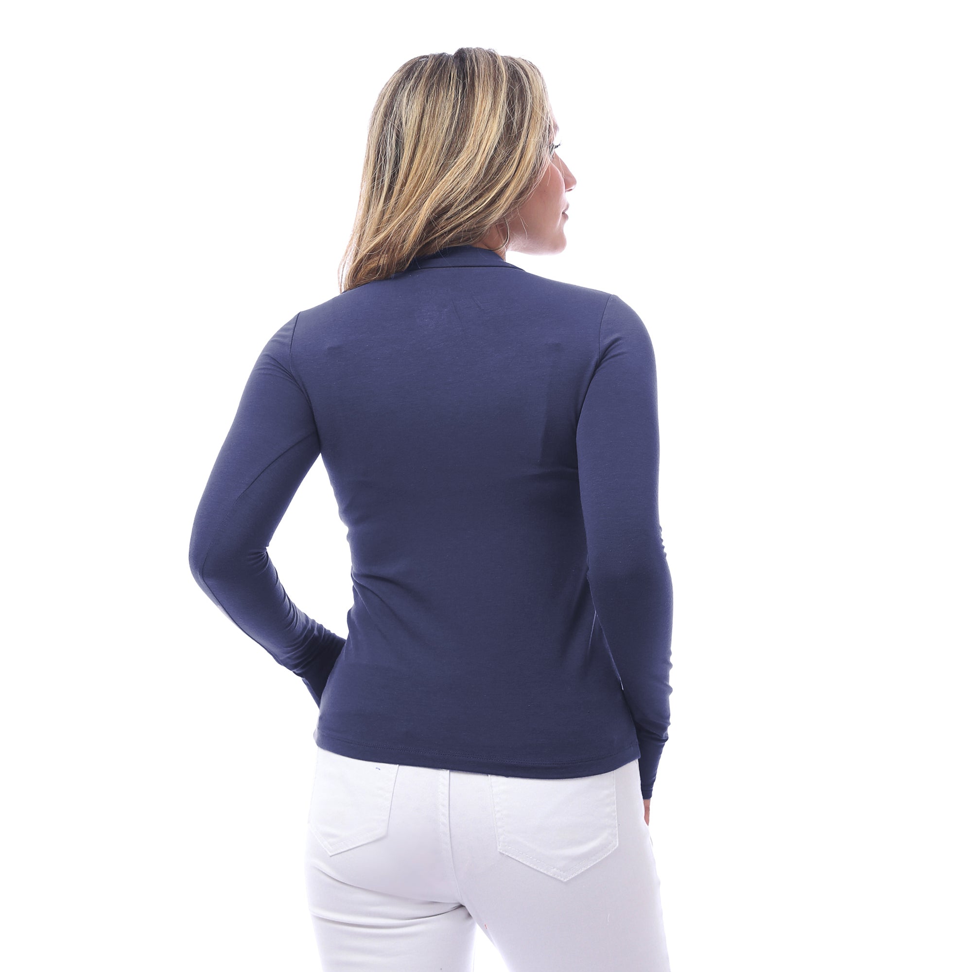 High Neck Long Sleeve T-Shirt For Women-NAVY