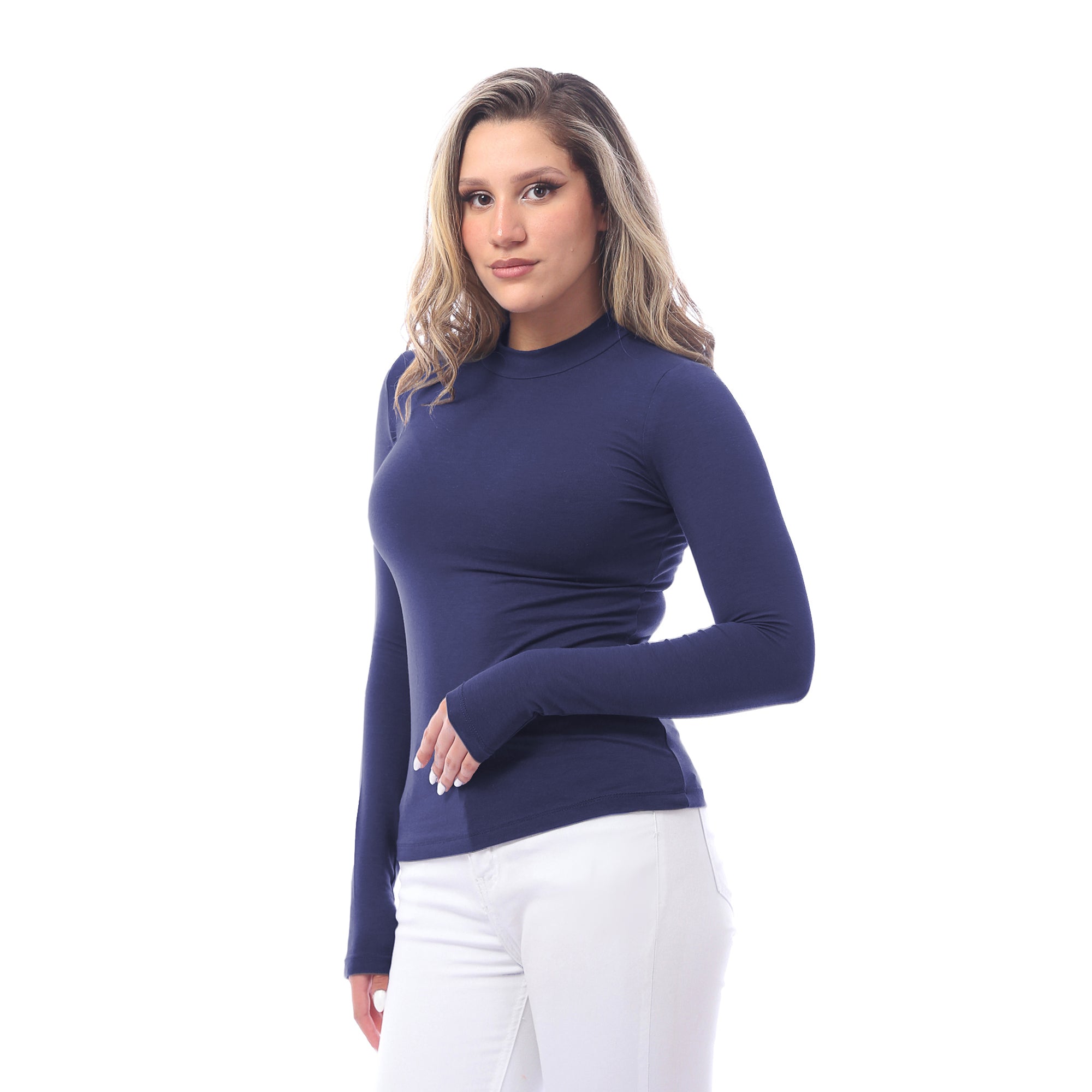 High Neck Long Sleeve T-Shirt For Women-NAVY